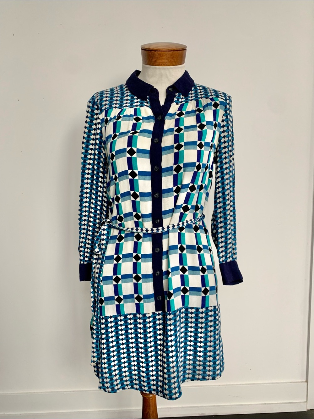 Maeve Geometric Button-Front Shirt Dress in Teal, Navy & White